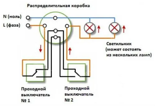 монтажная схема двух проходных выключателей
