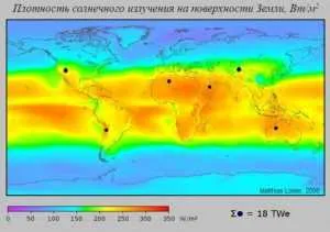 Распределение солнечного излучения на карте планеты
