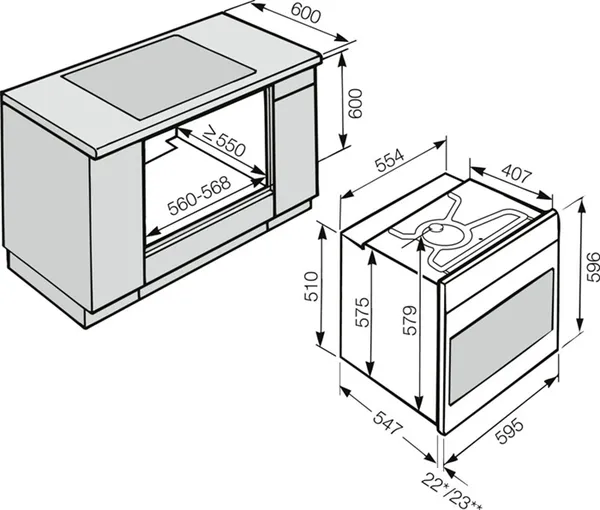 Размеры встраиваемой техники соответствуют габаритам стандартной корпусной мебели для кухни