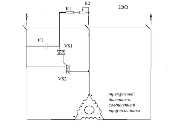 Схема бесконденсаторного пуска треугольник