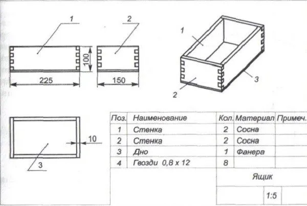 Чертеж ящика из фанеры с пазами