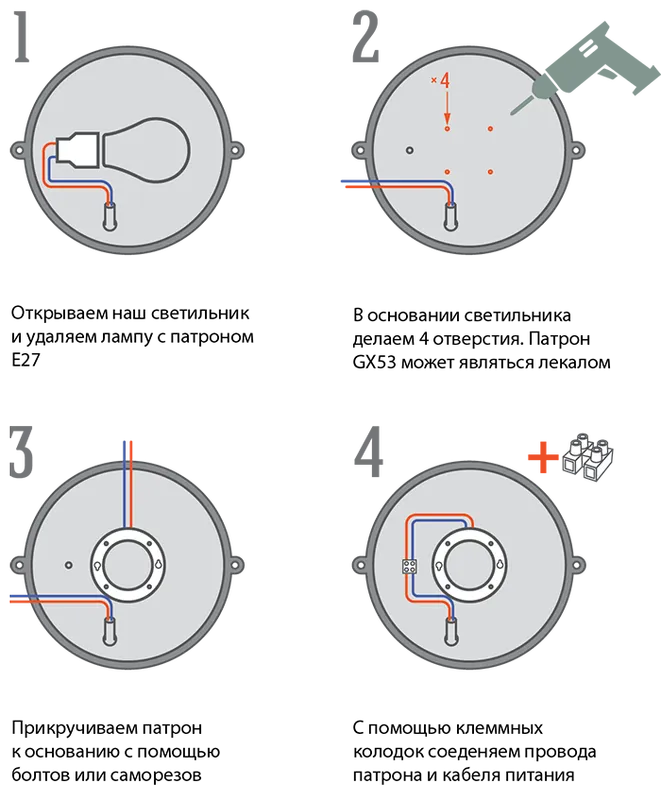 Переделка светильника: меняем патрон Е27 на GX53 своими руками