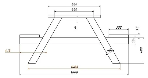 Стол со скамейками. Вид спереди.